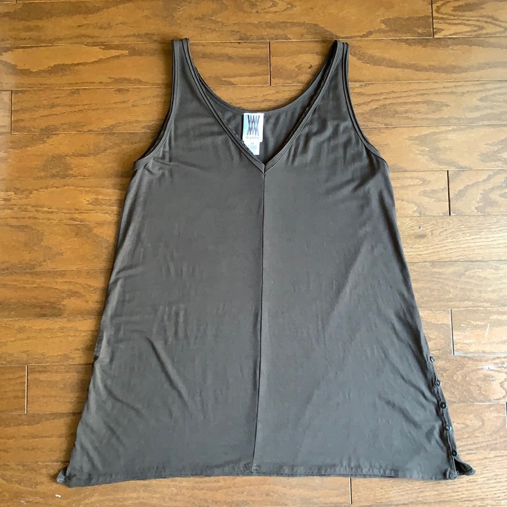 MarlaWynne Brown Longline V-Neck Tunic Relaxed Tank w/ Side Buttons QVC XS